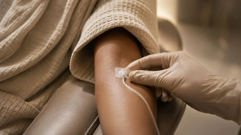 Patient’s arm with an IV line in place during an IV therapy session