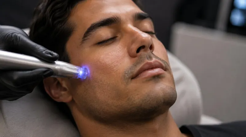 Man receiving Morpheus8 RF microneedling treatment on his cheek
