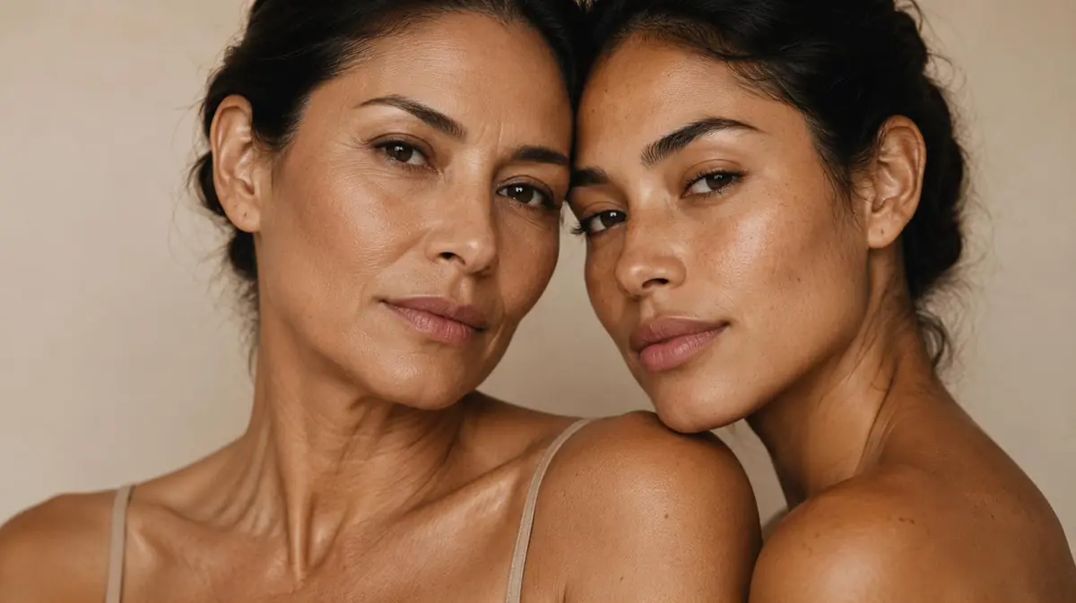 Two women of different ages with healthy, glowing skin, posing cheek to cheek