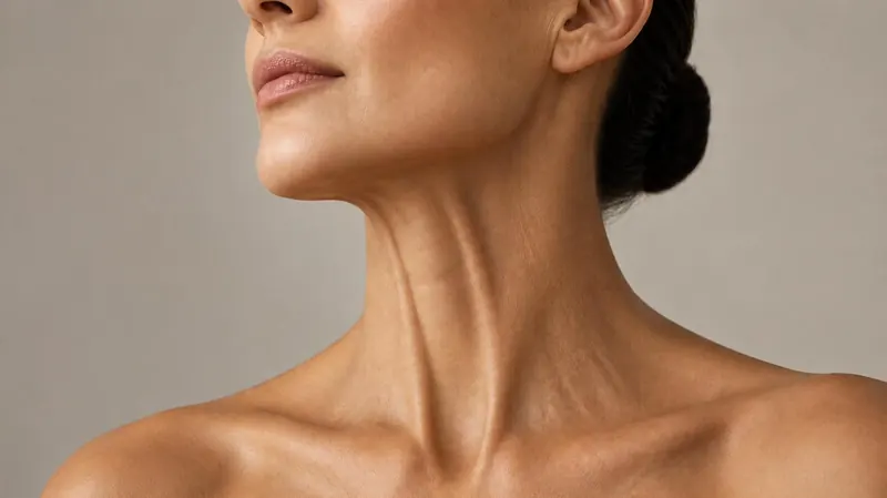 Close-up of a woman’s neck and jawline showing smooth, natural skin